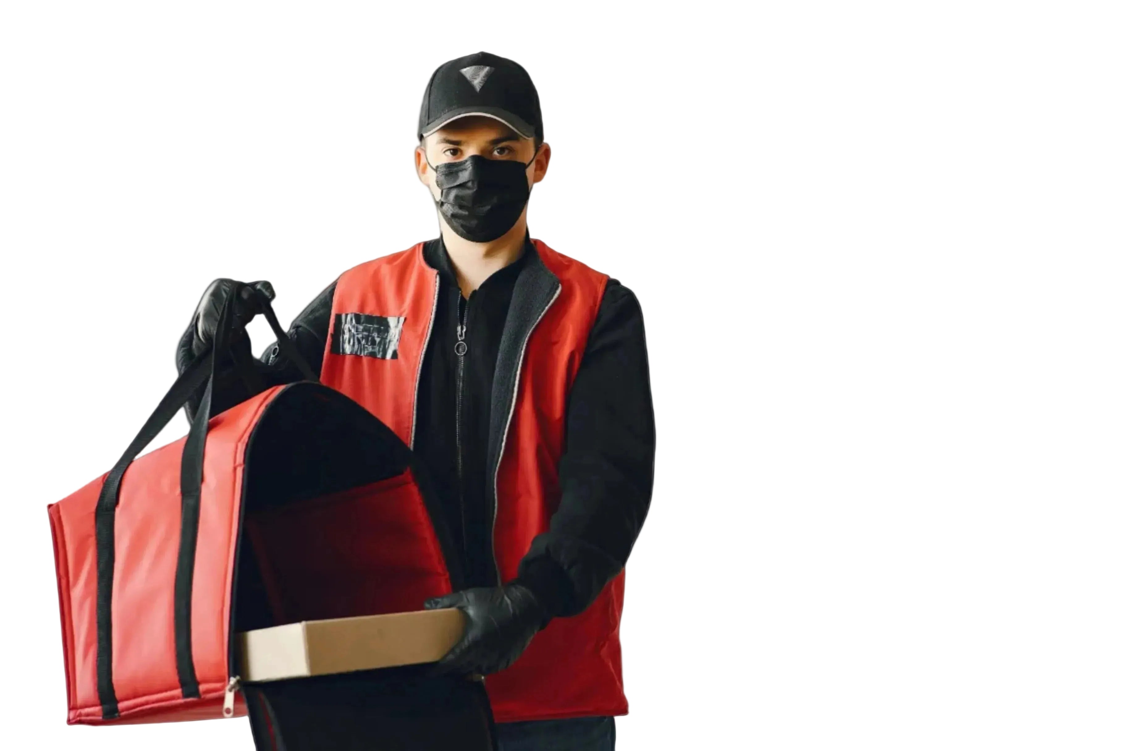Person wearing a red vest and black gloves holding a red insulated bag on a white background